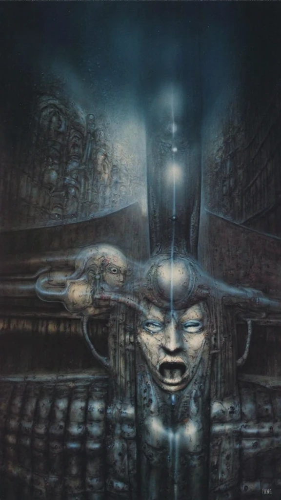 H. R. Giger's g1g3r, , Giger_style, H. R. Giger's g1g3r, , Giger_style, The image is a detailed view of H.R. Giger's \" VAULT IV \" plate, featuring ( A painting of (biological style scenery), (neoplasticism:liminal void:0.1),a machine inside of a building, dieselpunk biological living, colossal,mechano-organic, infestations over beomesurreal biomechanical landscape, , robotics cross sections, ((perspective)), h r giger's city,giger_style, by (hariton pushwagner:h.r. giger:0.4), detailed innards,(((cleen colors palette,saturated, silver crimson and gold, intoxicatingly blue and understand grey))), (process art:deconstructivism), allegory of sin,infinitely detailed ultrafine and contrast organic textures,big painting,, medium: airbrush, biomech, aerial view yoji shinkawa, award winning on artforum, (( high contrast)), trend on quality of details,colorized: vibrant  colors, incredibly detailed and hyper-detailed, masterpiece, best quality:1.4) The artistic manner would be unmistakably Gigeresque. A dark and unsettling beauty would permeate the piece, blurring the lines between fascination and repulsion , forever haunted by the grotesque allure. Giger's signature artistic manner would be evident in every stroke. The artist has used careful linework to depict the contours and textures in the piece, (Triadic:1.1), (Proportion:1.1),  , (Reflected light:1.2), Parchment, ultra detailed, intricate,, dry b (best quality:1.4), H.R. GIGER,  BY GIGER