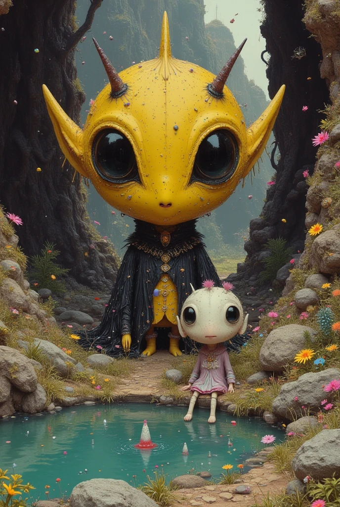 A yellow alien and a strange pet on an exotic planet go to the lake. expressive eyes. Mark Ryden, Vladimir Fedotko, Larisa Morais, decay, desolation, trippy, hyper-detailed. Intricate Details, Unreal Engine, Gothic Art, Renaissance Painting, Digital Art, Thoughtful, Expansive, Ethereal, Hyper Detailed,Fantasy, Fantasy, Hyperrealism """, Fog, Ultra Detail, Film Photography, Light Leaks, Studio Ghibli, Larry Bad Melman, artstation trends, sharp focus, studio photography, intricate detail, high detail, Greg Rutkowski, watercolor, artstation trends, sharp focus, studio photo, complex details, high level detail,Greg Rutkowski, broken glass effect, no background, stunning, something that doesn't even exist, mythical creature, energy, molecular, textures, iridescent and luminescent scales, breathtaking beauty, pure perfection, divine presence, unforgettable, impressive, breathtaking beauty , volumetric light, auras, rays,bright colors reflected