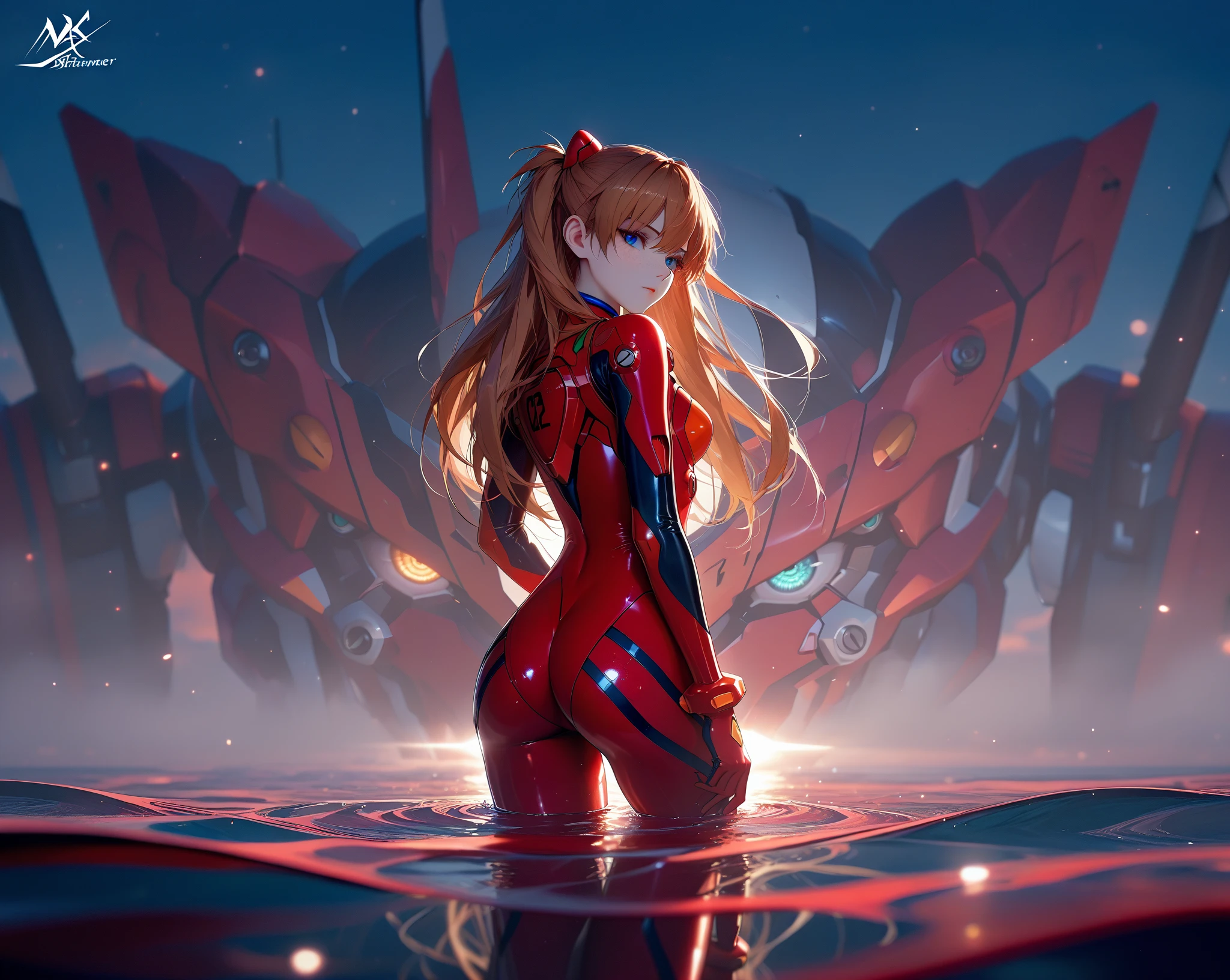 ( very detailed CG unity 8k wallpaper, masterpiece, source:anime, red sea, red water, red waterline, best quality, ultra-detailed),3d,a beautiful female model, transparent red bodysuit, slowly fading away, detailed face, beautiful eyes, full lips, long lashes, flowing hair, elegant pose, Under an blue sky , by the red sea,  Orange Hair , dramatic lighting, ethereal, Surreal, dreamlike, mist, Fog, shimmer, glowing, 8k, high-quality, cinematic, masterpiece,1girl, full body, back view, looking at viewer, ass,heavy bodyarmor,shirogane, souryuu asuka langley, brown hair, two side up, bangs, freckles, long hair, blue eyes, red sea, Eva-02 is far in the background, red water, partially submerged, eyesHD, submerged at the waist,high gradient eyes, detailed eyes, high definition eyes, glowing eyes