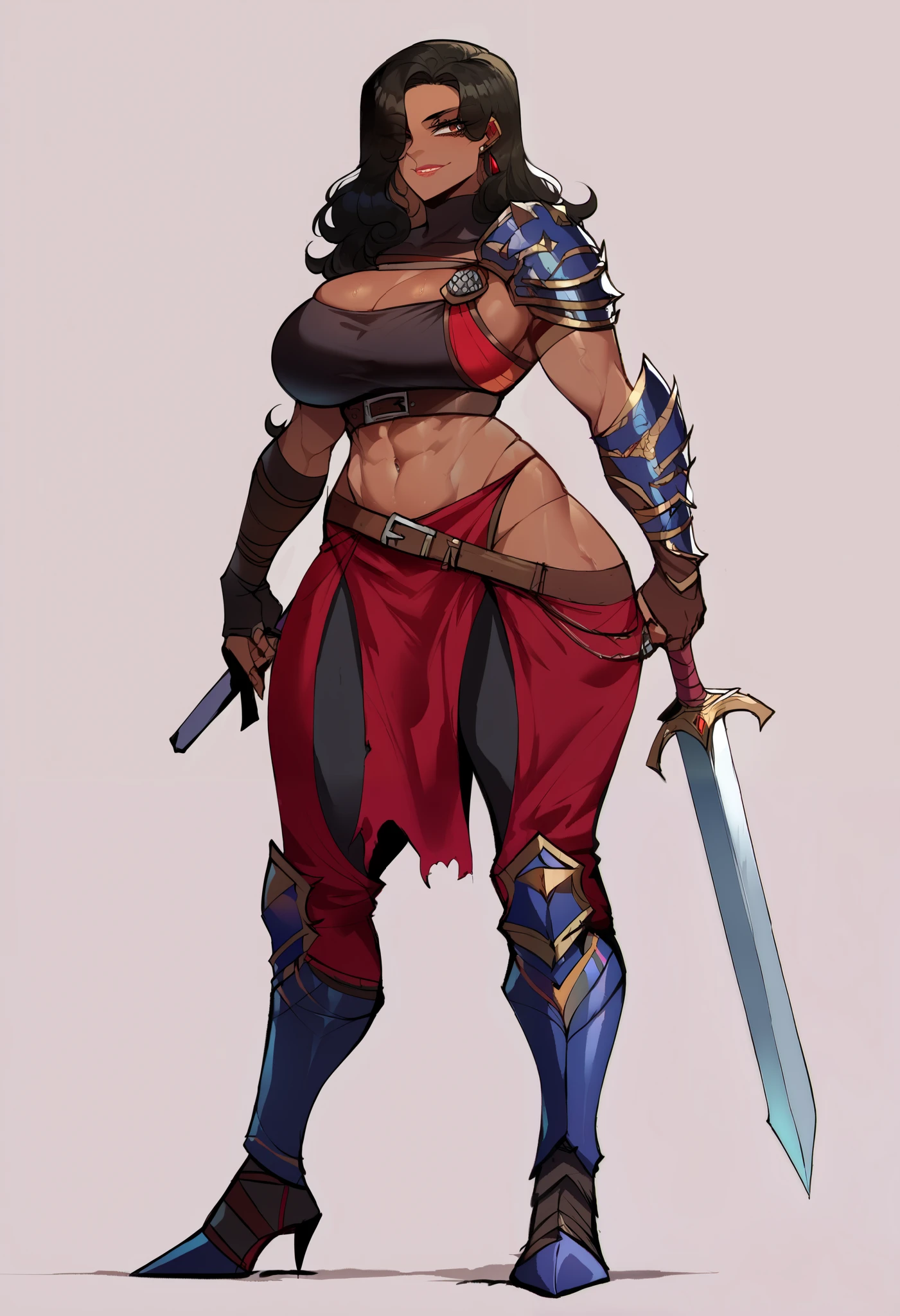 (score_9, score_8_up, seductive face, seductive expression), hyborean woman, warrior, barbarian, bronze skin, long wavy black hair, hazel eyes, eyeliner, tall, amazonian, toned, full black armor with intricate details, full lips, smile, feminine, wide hips, big massive breasts, Nyantcha Style, source_anime, Full body, full body, big Sword, 1 sword, 
