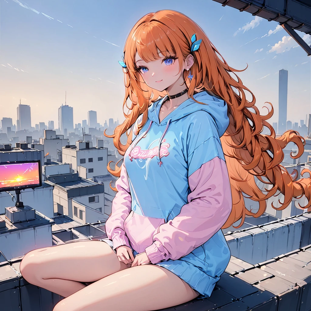 Neon orange hair, yellow eyes, tanned skin, Harajuku hoodie, sitting on rooftopHigh Resolution, Masterpiece, Anatomically Correct, Long Hair, Parted Bangs, Curly Hair, Earrings, Neon orange curly hair, Closed Mouth, Smile, Blue eyes, Yellow Eyes, Out Of Frame, tanned skin, neon filter, pink colorblock hoodie, caramel toned skin, Parted Bangs, Neon orange hair