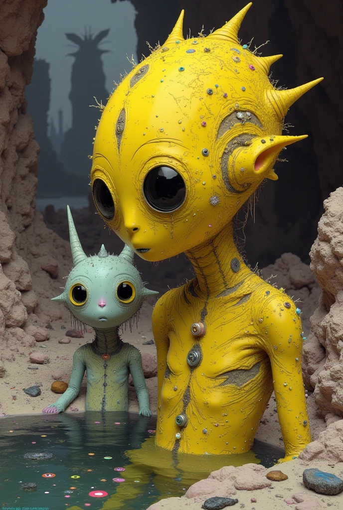 A yellow alien and a strange pet on an exotic planet go to the lake. expressive eyes. Mark Ryden, Vladimir Fedotko, Larisa Morais, decay, desolation, trippy, hyper-detailed. Intricate Details, Unreal Engine, Gothic Art, Renaissance Painting, Digital Art, Thoughtful, Expansive, Ethereal, Hyper Detailed,Fantasy, Fantasy, Hyperrealism """, Fog, Ultra Detail, Film Photography, Light Leaks, Studio Ghibli, Larry Bad Melman, artstation trends, sharp focus, studio photography, intricate detail, high detail, Greg Rutkowski, watercolor, artstation trends, sharp focus, studio photo, complex details, high level detail,Greg Rutkowski, broken glass effect, no background, stunning, something that doesn't even exist, mythical creature, energy, molecular, textures, iridescent and luminescent scales, breathtaking beauty, pure perfection, divine presence, unforgettable, impressive, breathtaking beauty , volumetric light, auras, rays,bright colors reflected