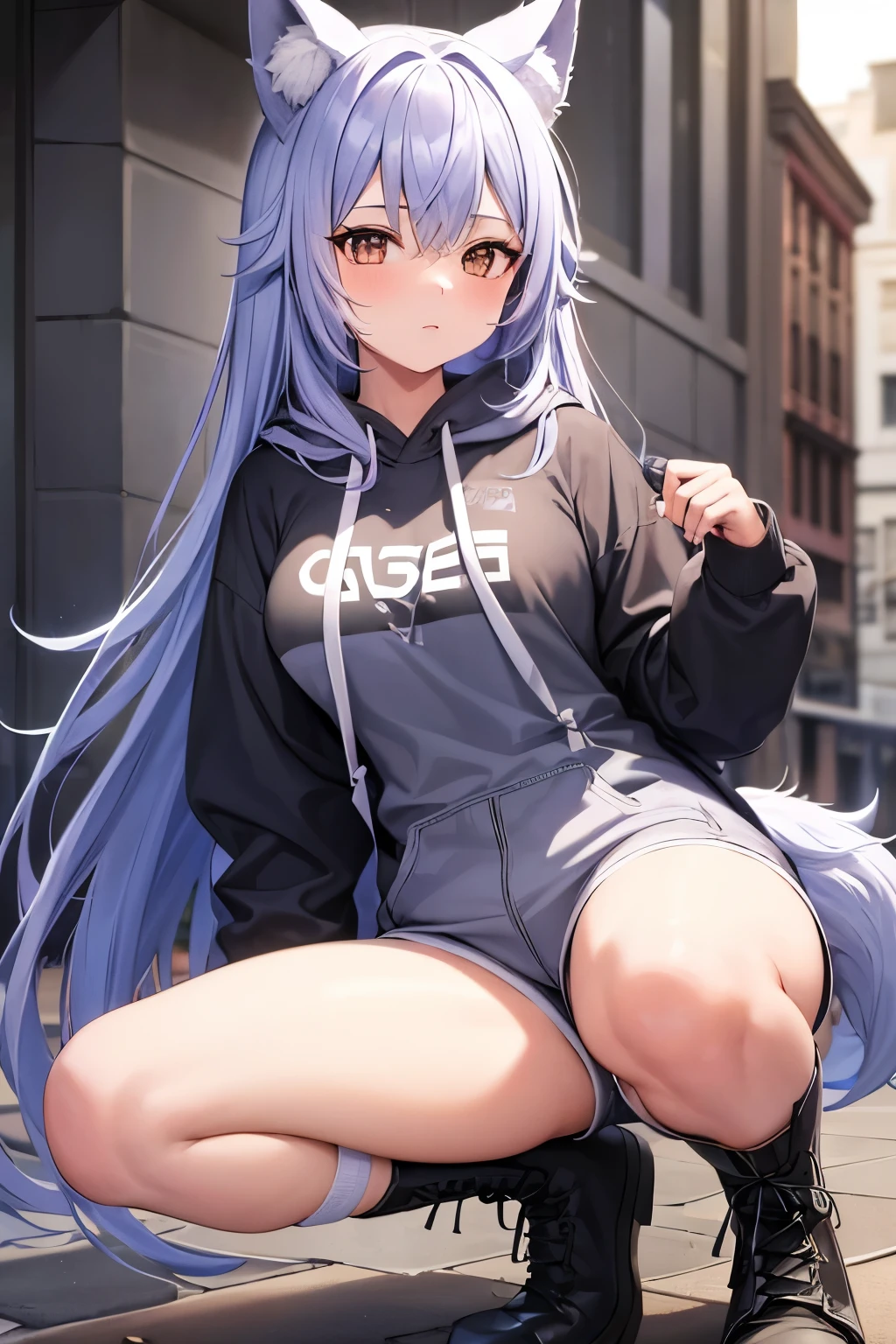 Sexy furry girl, wearing a hoodie and leggings, tall, lavender hair
