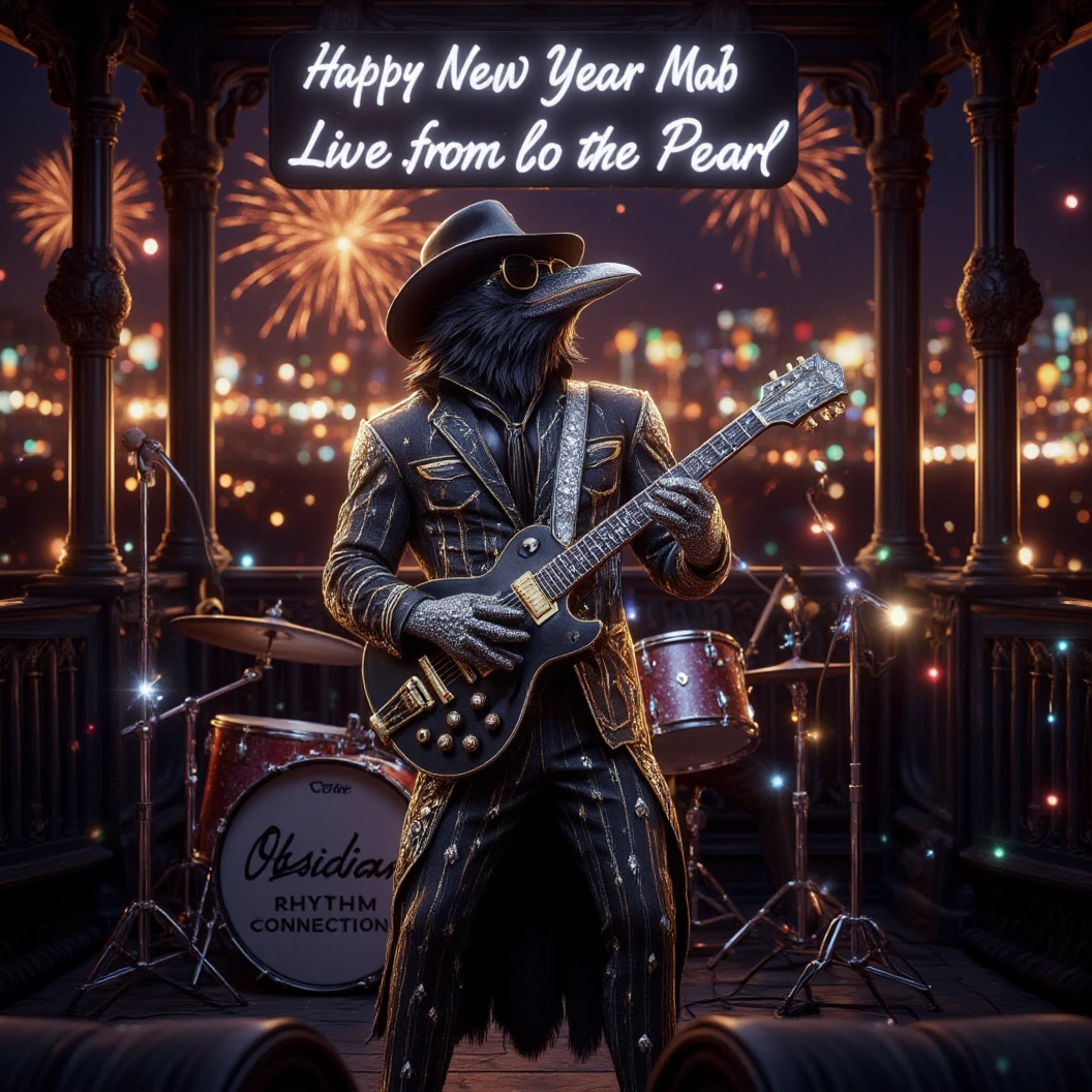 Muscular Anthropomorphic raven donned in intricate black suit with gold trim made of diamonds and a black diamond fedora. Diamonds cover his beak. Wears large sunglasses. Lead singer and electric guitar player of a jazz band at a high end jazz club. Uses a retro style microphone while playing his guitar. Behind the open air stage, fireworks burst. The words "Happy New Year MAB, Live from The Pearl" in a big neon sign. The base drum reads "Obsidian Rhythm Connection". Dynamic jazz band scene, dynamic pose, High Resolution, Masterpiece, Cinematic, Character Design, Hyperdetailed, Cinematography,  cinematic lighting, Depth Of Field, Sparkle, Ray Tracing, Image Fill, Dynamic Pose, old fashion microphone 