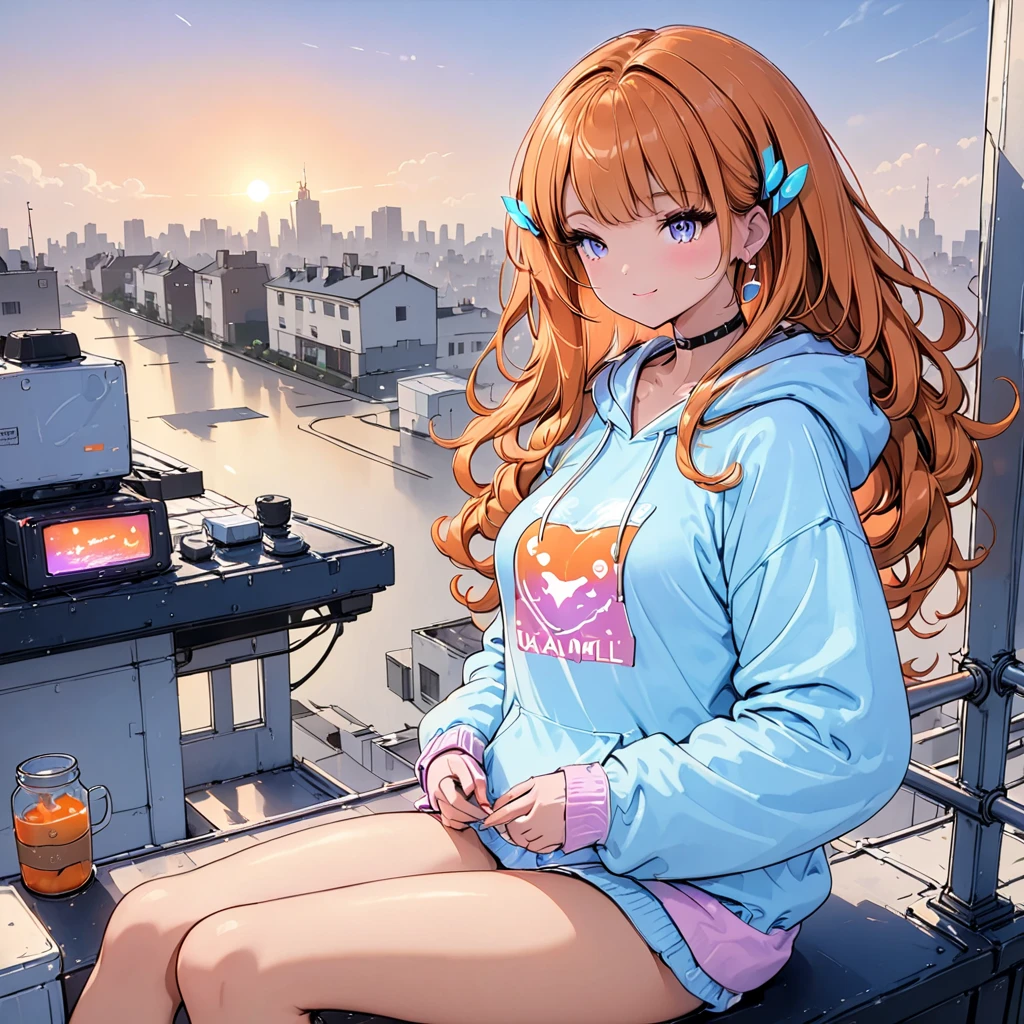 Neon orange hair, yellow eyes, tanned skin, Harajuku hoodie, sitting on rooftopHigh Resolution, Masterpiece, Anatomically Correct, Long Hair, Parted Bangs, Curly Hair, Earrings, Neon orange curly hair, Closed Mouth, Smile, Blue eyes, Yellow Eyes, Out Of Frame, tanned skin, neon filter, pink colorblock hoodie, (caramel toned skin: 1.5), Parted Bangs, Neon orange hair, 