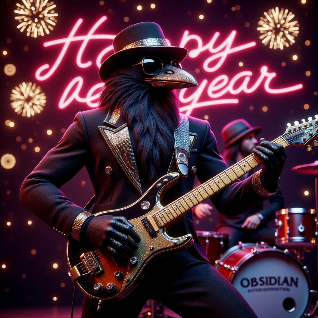 Muscular Anthropomorphic raven donned in intricate black suit with gold trim made of diamonds and a black diamond fedora. Diamonds cover his beak. Wears large sunglasses. Lead singer and electric guitar player of a jazz band at a high end jazz club. Uses a retro style microphone while playing his guitar. Behind the open air stage, fireworks burst. The words "Happy New Year MAB, Live from The Pearl" in a big neon sign. The base drum reads "Obsidian Rhythm Connection". Dynamic jazz band scene, dynamic pose, High Resolution, Masterpiece, Cinematic, Character Design, Hyperdetailed, Cinematography,  cinematic lighting, Depth Of Field, Sparkle, Ray Tracing, Image Fill, Dynamic Pose, old fashion microphone 