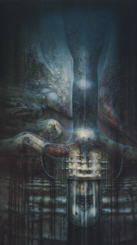 H. R. Giger's g1g3r, , Giger_style, H. R. Giger's g1g3r, , Giger_style, The image is a detailed view of H.R. Giger's \" VAULT IV \" plate, featuring ( A painting of (biological style scenery), (neoplasticism:liminal void:0.1),a machine inside of a building, dieselpunk biological living, colossal,mechano-organic, infestations over beomesurreal biomechanical landscape, , robotics cross sections, ((perspective)), h r giger's city,giger_style, by (hariton pushwagner:h.r. giger:0.4), detailed innards,(((cleen colors palette,saturated, silver crimson and gold, intoxicatingly blue and understand grey))), (process art:deconstructivism), allegory of sin,infinitely detailed ultrafine and contrast organic textures,big painting,, medium: airbrush, biomech, aerial view yoji shinkawa, award winning on artforum, (( high contrast)), trend on quality of details,colorized: vibrant  colors, incredibly detailed and hyper-detailed, masterpiece, best quality:1.4) The artistic manner would be unmistakably Gigeresque. A dark and unsettling beauty would permeate the piece, blurring the lines between fascination and repulsion , forever haunted by the grotesque allure. Giger's signature artistic manner would be evident in every stroke. The artist has used careful linework to depict the contours and textures in the piece, (Triadic:1.1), (Proportion:1.1),  , (Reflected light:1.2), Parchment, ultra detailed, intricate,, dry b (best quality:1.4), H.R. GIGER,  BY GIGER