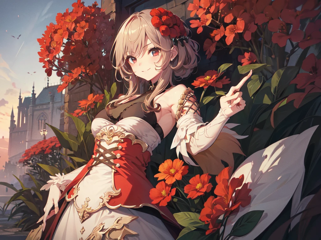 1 girl solo, grey hair, green eyes, white headband with red roses, apron, red skirt, armor top, armored shoulders, armor gloves, red bows and roses, red neck collar, ((old victorian garden)) Vintage Victorian style Precise vintage encyclopedia (best quality:1.2), (detailed:1.2), (masterpiece:1.2), vintage illustrations. botanical frame