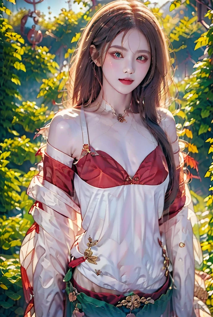 ( masterpiece, top quality, best quality,8k,17 years old girl,ultra detailed,raw photo:1.5),(photorealistic:1.4), (red hair:1.5), (cinematic lighting), PerfectNwsjMajic, , Surrealism, UHD, ccurate, Super detail, textured skin, High detail, Best quality, dynamic angle, (high nose,White skin),[Beautiful blue eyes],[flat chest:large breasts:0.5],(1girl),(good anatomy:0.5)),(outside:1.5), Necklaces,   