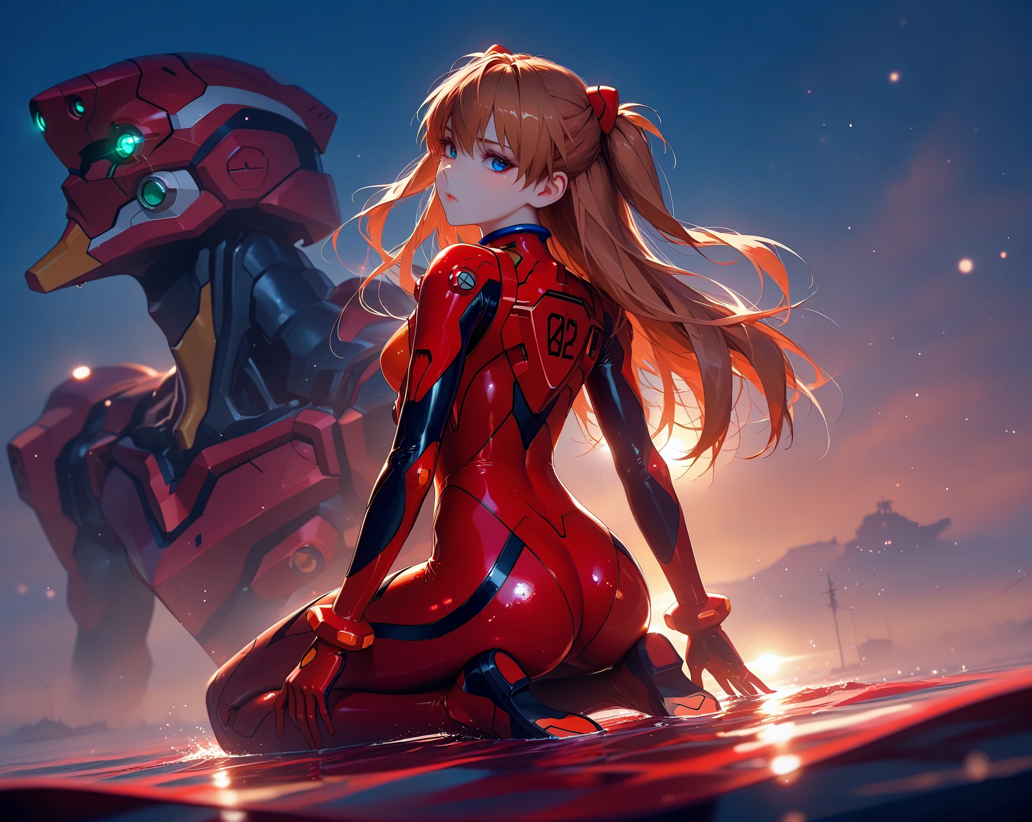 ( very detailed CG unity 8k wallpaper, masterpiece, source:anime, red sea, red water, red waterline, best quality, ultra-detailed),3d,a beautiful female model, transparent red bodysuit, slowly fading away, detailed face, beautiful eyes, full lips, long lashes, flowing hair, elegant pose, Under an blue sky , by the red sea,  Orange Hair , dramatic lighting, ethereal, Surreal, dreamlike, mist, Fog, shimmer, glowing, 8k, high-quality, cinematic, masterpiece,1girl, full body, back view, looking at viewer, ass,heavy bodyarmor,shirogane, souryuu asuka langley, brown hair, two side up, bangs, freckles, long hair, blue eyes, red sea, a damaged Eva-02 is kneeling  far in the background, red water, partially submerged, eyesHD, submerged at the waist,high gradient eyes, detailed eyes, high definition eyes, glowing eyes