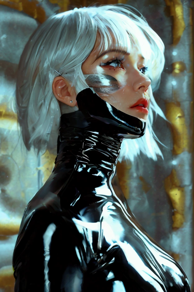 a close up of a woman in a black latex outfit with a tape on her face, a hyperrealistic painting inspired by Hedi Xandt, tumblr, renaissance, black latex suit, wearing latex, wrapped in black, wrapped in leather straps, black latex, wearing black latex outfit, chrome bodysuit, futuristic glossy latex suit, restrained, latex shiny