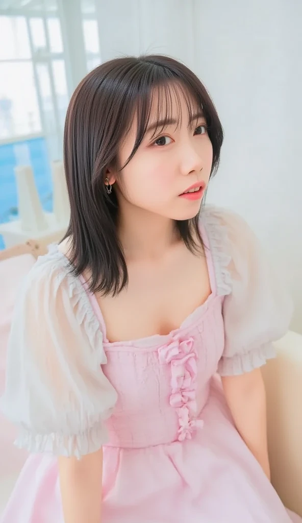 (Highest quality, Very cute girl) Thin and thin eyebrows　Light pink camisole, (amazingly beautiful breasts)  gravure　Side Shot, Looking at the audience, 21 years old　 Brown straight bob hair　flowing bangs　Small Head, Medium chest, Sharp focus, Fine skin, Eyes and Face　The background is beautiful and wide..  Luxurious and beautiful living room　Bookshelf　Open book