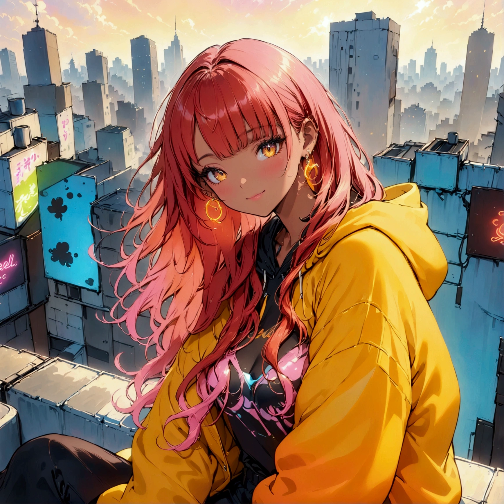 Neon orange hair, yellow eyes, tanned skin, Harajuku hoodie, sitting on rooftopHigh Resolution, Masterpiece, Anatomically Correct, Long Hair, Parted Bangs, Curly Hair, Earrings, Neon orange curly hair, Closed Mouth, Smile, Blue eyes, Yellow Eyes, Out Of Frame, tanned skin, neon filter, pink colorblock hoodie, (caramel toned skin: 1.5), Parted Bangs, Neon orange hair, tanned skin, medium tone skin