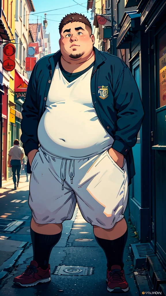 chubby old man in street city, old man, thick arm, huge arm, bearded. white hair and beard, bearded, muscular, pectoral, wide pectoral, beach, palm, realistic, 8k, masterpiece, (wearing shorts and white Hawaiian shirt, shoes)