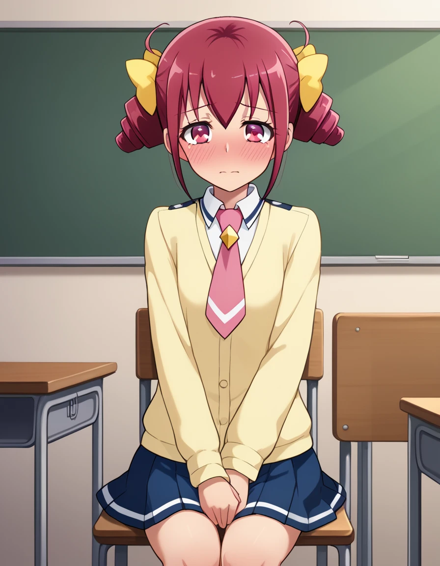 score_9,  Source_Anime, rating_SAFETY BREAK 1GIRL , solo
hoshizora miyuki ,  pink hair,  twin drill, pink eye,  Izugaoka Junior High School Uniforms ,  Pink Necktie 、(classroom)、blush、 cowboy shot、 sits on a chair、 masturbation