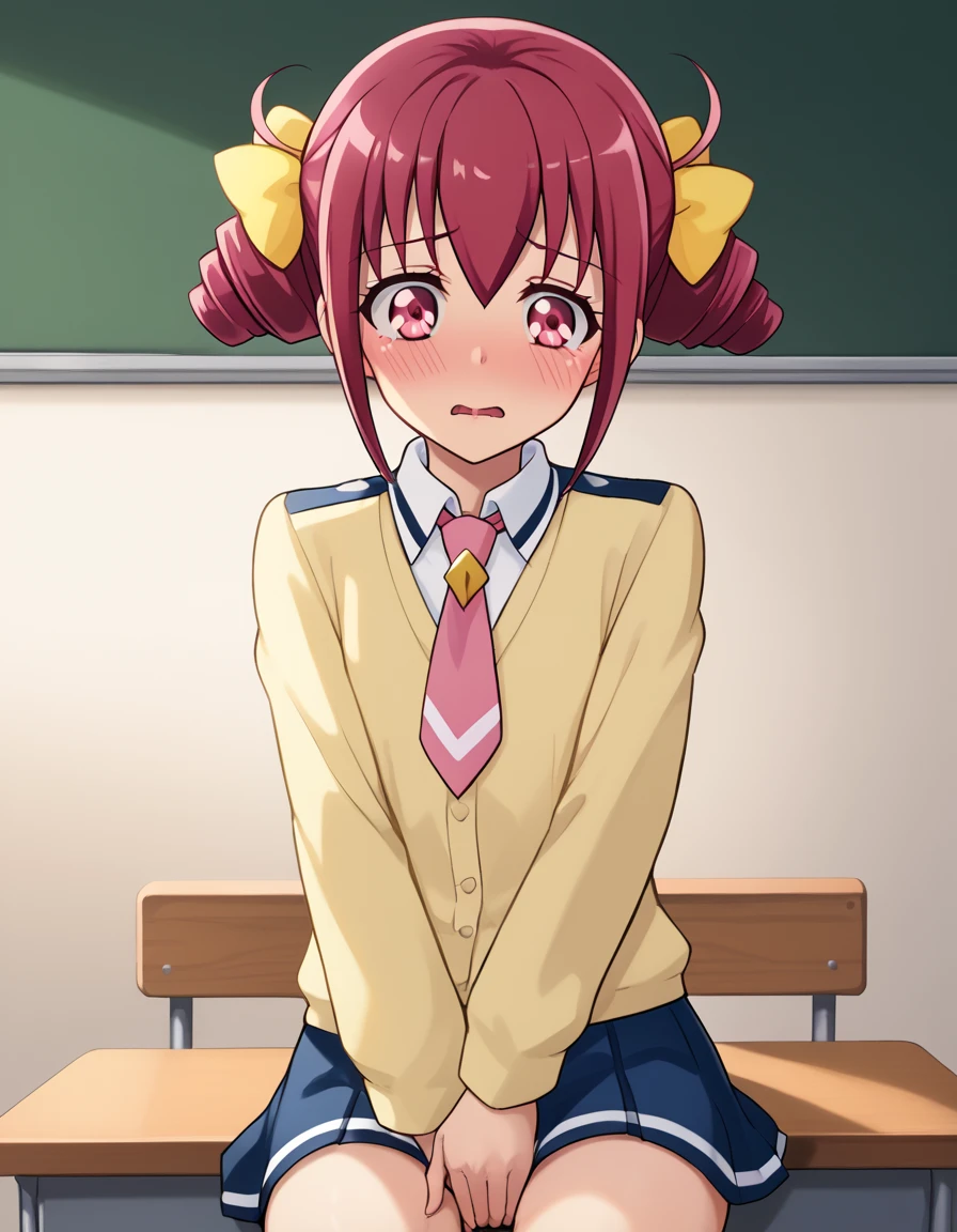 score_9,  Source_Anime, rating_SAFETY BREAK 1GIRL , solo
hoshizora miyuki ,  pink hair,  twin drill, pink eye,  Izugaoka Junior High School Uniforms ,  Pink Necktie 、(classroom)、blush、 cowboy shot、 sits on a chair、 masturbation