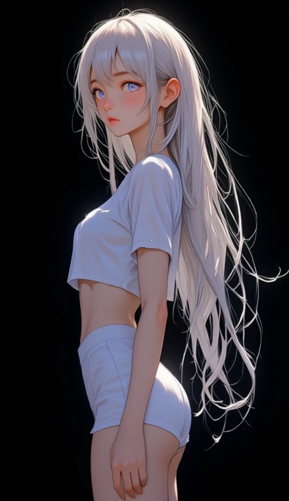 
> A full-body portrait of a young Korean woman with an otherworldly appearance, standing against a solid black background. Her long, cascading white hair flows gracefully down to her feet, shimmering with a subtle iridescent glow, as if illuminated by an unseen light source. The hair appears weightless, gently swaying as though caught in a soft, invisible breeze. Her facial features are delicate and refined, with a pale, flawless complexion that contrasts strikingly with her glowing lilac eyes, which radiate a soft, incandescent light, drawing the viewer into their mysterious depths.  

> She has a slender and athletic build, with medium-sized, slightly pointed breasts that add a natural curve to her figure. Her long, toned legs are graceful and slim, giving her a statuesque appearance. She is dressed in a slightly provocative yet sporty school gym uniform: a snug white t-shirt with short sleeves that clings lightly to her torso, damp with sweat, revealing hints of exertion. The matching shorts are short and form-fitting, emphasizing her curves and athletic form. Her white sneakers are sleek and sporty, paired with white ankle socks, completing the gym attire.  

> Her skin glistens with a light sheen of sweat, particularly noticeable on her forehead, neck, and arms, capturing the realism of physical effort. Her expression reflects exhaustion, with slightly flushed cheeks and strands of hair sticking to her skin due to sweat. Subtle details such as beads of sweat rolling down her temples and her slightly open mouth as she catches her breath enhance the sense of realism.  

> The background is pure black.

Estilo anime 32k, HDR,  UHD. 