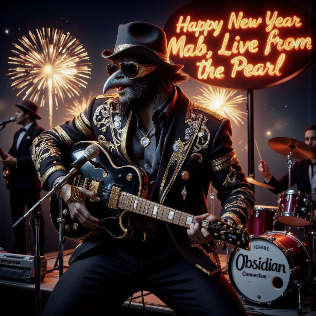 Muscular Anthropomorphic raven donned in intricate black suit with gold trim made of diamonds and a black diamond fedora. Diamonds cover his beak. Wears large sunglasses. Lead singer and electric guitar player of a jazz band at a high end jazz club. Uses a retro style microphone while playing his guitar. Behind the open air stage, fireworks burst. The words "Happy New Year MAB, Live from The Pearl" in a big neon sign. The base drum reads "Obsidian Rhythm Connection". Dynamic jazz band scene, dynamic pose, High Resolution, Masterpiece, Cinematic, Character Design, Hyperdetailed, Cinematography,  cinematic lighting, Depth Of Field, Sparkle, Ray Tracing, Image Fill, Dynamic Pose, old fashion microphone 