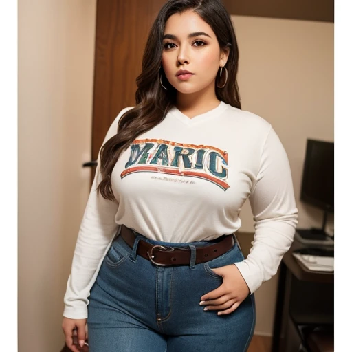 Modelo linda bem realista plus size trinta nos usando camiseta baby look rosa claro, manga curta, sem estampa, olhando para a objetiva, fingers in the pocket of jeans, foto sem paisagem, fundo brandmco, studiolight
