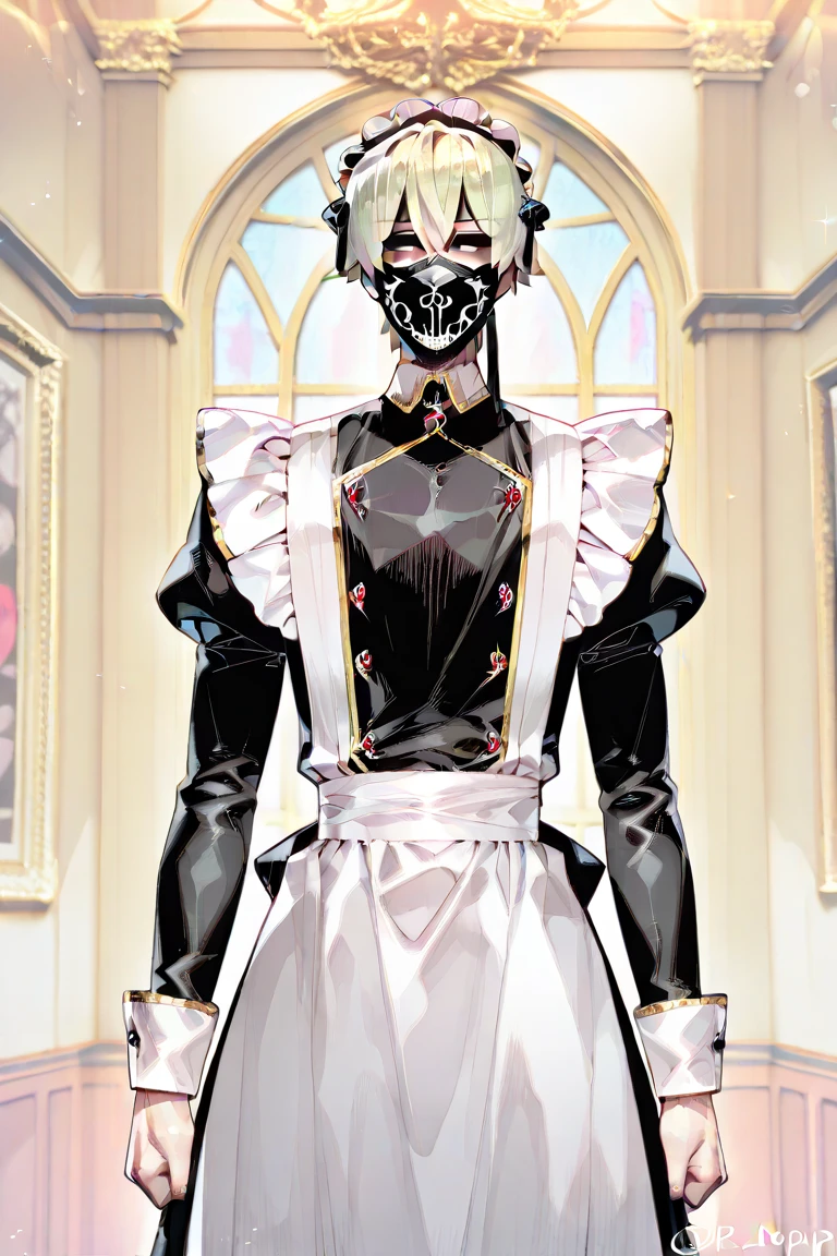 1boy, male focus, short blonde hair, black face mask with golden trim on the sides, maid, maid cap, maid apron, goth fashion, facing viewer, masterpiece, fine details, breathtaking artwork, high quality, 8k, high resolution, artist(ReDrop)