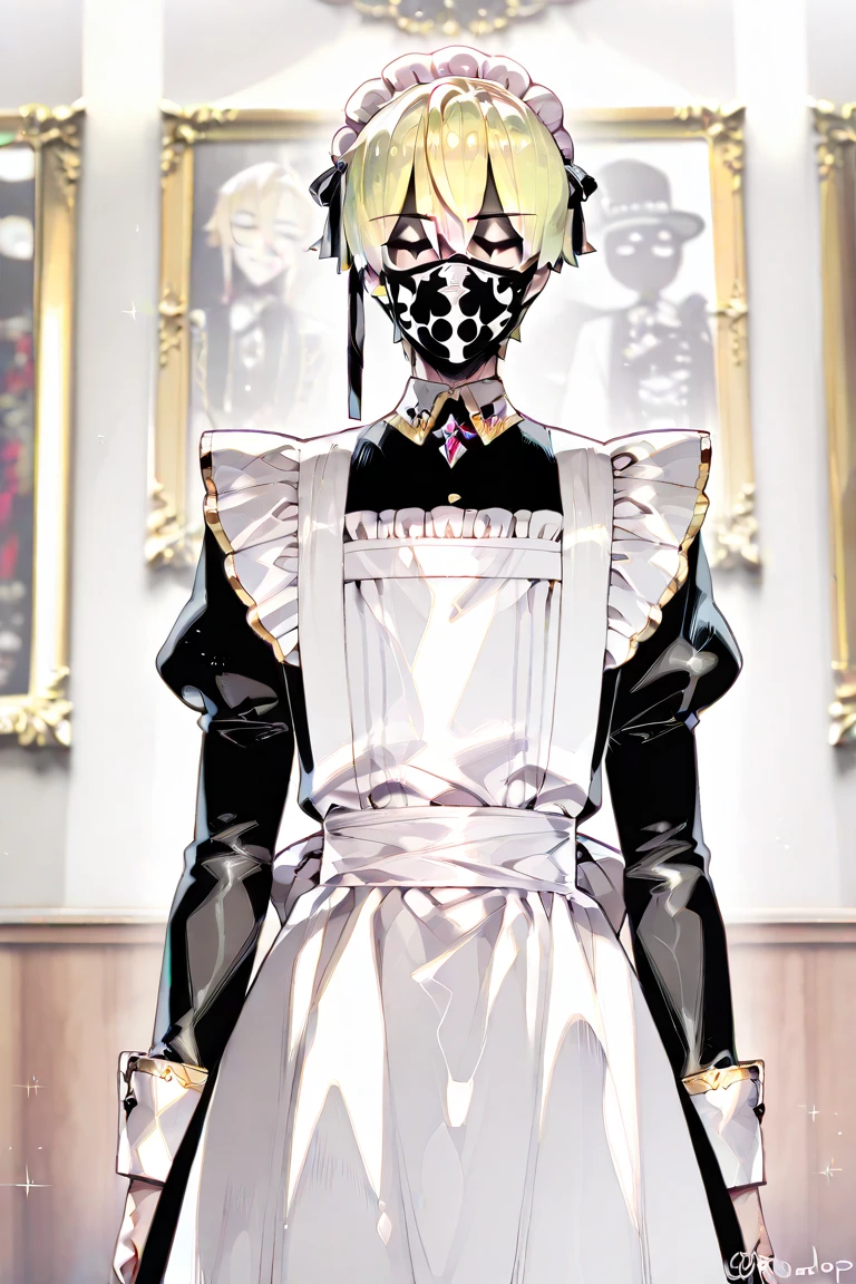 1boy, male focus, short blonde hair, black face mask with golden trim on the sides, maid, maid cap, maid apron, goth fashion, facing viewer, masterpiece, fine details, breathtaking artwork, high quality, 8k, high resolution, artist(ReDrop)