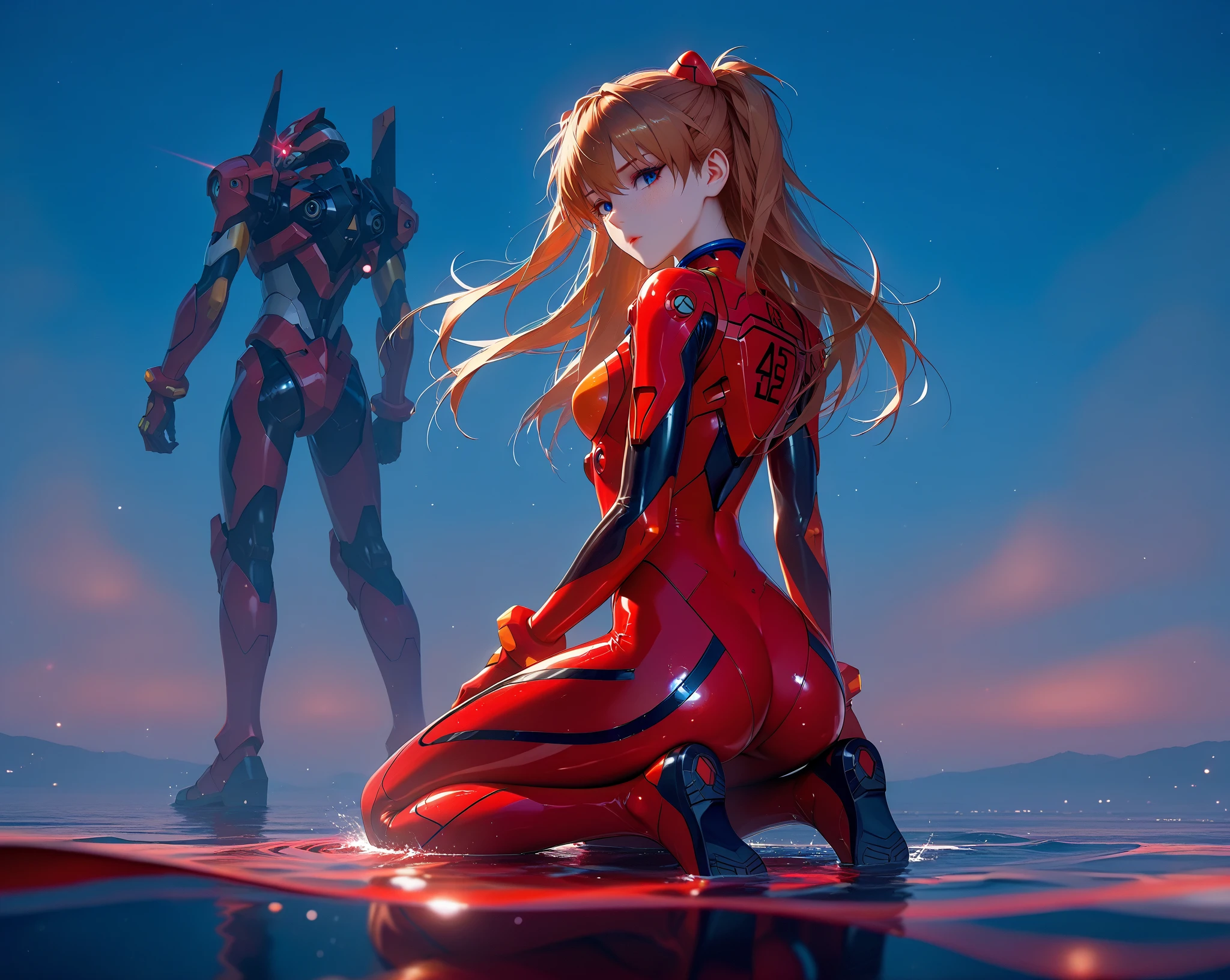 ( very detailed CG unity 8k wallpaper, masterpiece, source:anime, red sea, red water, red waterline, best quality, ultra-detailed),3d,a beautiful female model, transparent red bodysuit, slowly fading away, detailed face, beautiful eyes, full lips, long lashes, flowing hair, elegant pose, Under an blue sky , by the red sea,  Orange Hair , dramatic lighting, ethereal, Surreal, dreamlike, mist, Fog, shimmer, glowing, 8k, high-quality, cinematic, masterpiece,1girl, full body, back view, looking at viewer, ass,heavy bodyarmor,shirogane, souryuu asuka langley, brown hair, two side up, bangs, freckles, long hair, blue eyes, red sea, a damaged Eva-02 is kneeling  far in the background, red water, partially submerged, eyesHD, submerged at the waist,high gradient eyes, detailed eyes, high definition eyes, glowing eyes