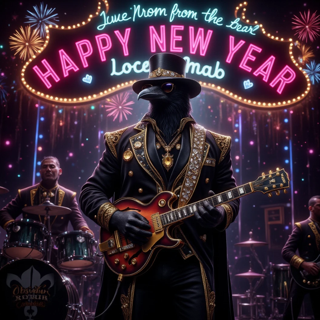 Muscular Anthropomorphic raven donned in intricate black suit with gold trim made of diamonds and a black diamond fedora. Diamonds cover his beak. Wears large sunglasses. Lead singer and electric guitar player of a jazz band at a high end jazz club. Uses a retro style microphone while playing his guitar. Behind the open air stage, fireworks burst. The words "Happy New Year MAB, Live from The Pearl" in a big neon sign. The base drum reads "Obsidian Rhythm Connection". Dynamic jazz band scene, dynamic pose, High Resolution, Masterpiece, Cinematic, Character Design, Hyperdetailed, Cinematography,  cinematic lighting, Depth Of Field, Sparkle, Ray Tracing, Image Fill, Dynamic Pose, old fashion microphone 