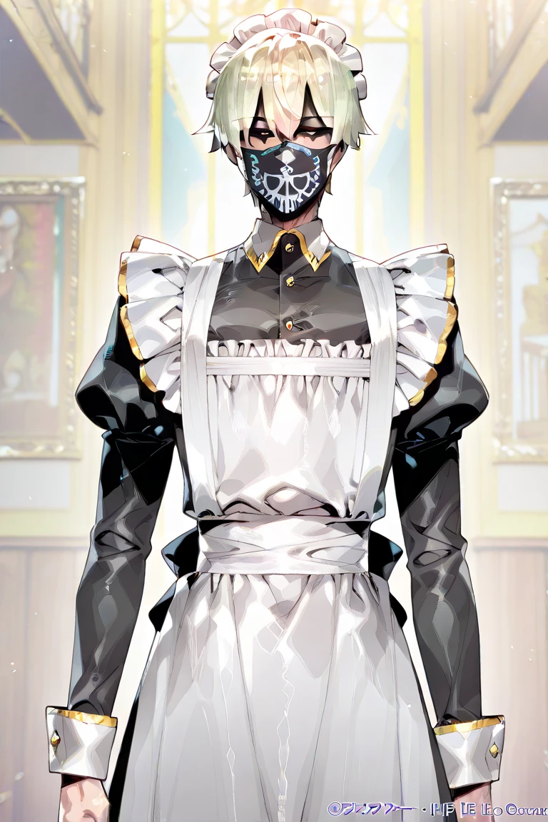 1boy, male focus, short blonde hair, black face mask with golden trim on the sides, maid, maid cap, maid apron, goth fashion, facing viewer, masterpiece, fine details, breathtaking artwork, high quality, 8k, high resolution, artist(ReDrop)