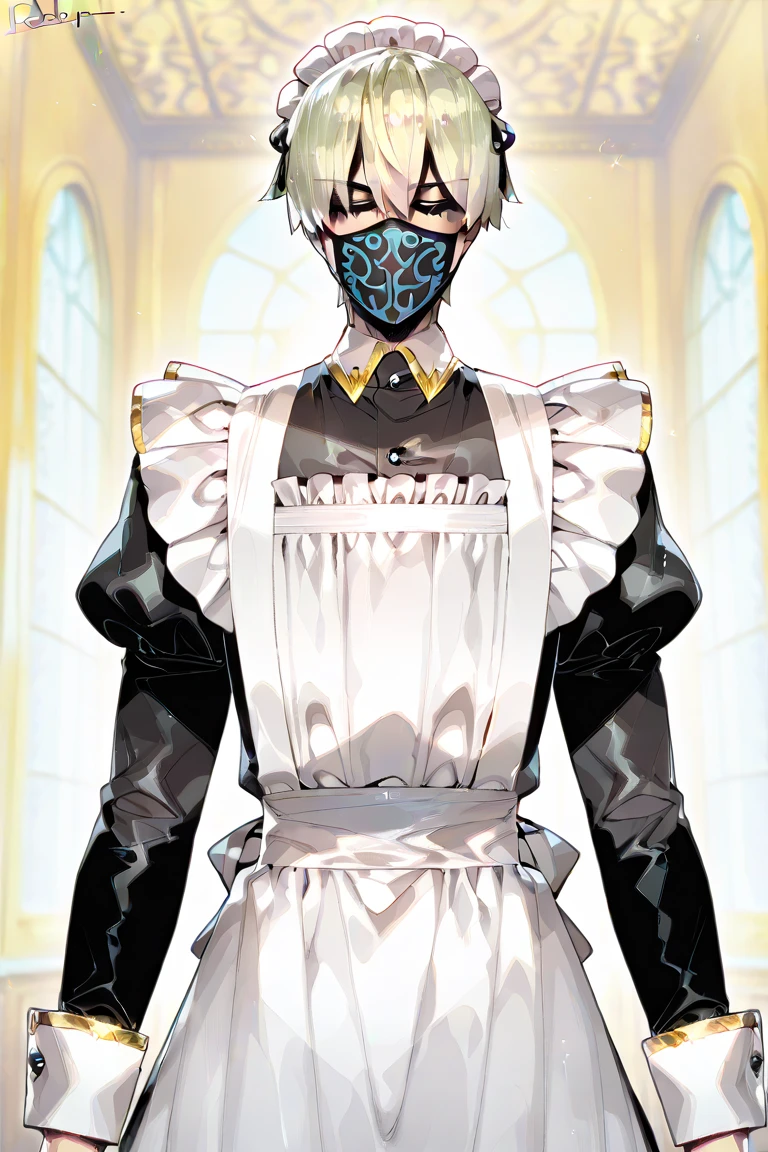 1boy, male focus, short blonde hair, black face mask with golden trim on the sides, maid, maid cap, maid apron, goth fashion, facing viewer, masterpiece, fine details, breathtaking artwork, high quality, 8k, high resolution, artist(ReDrop)