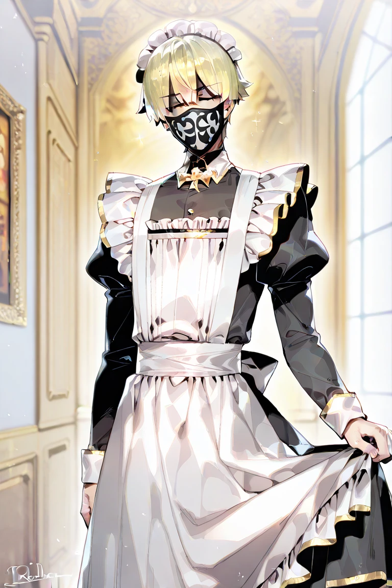 1boy, male focus, short blonde hair, black face mask with golden trim on the sides, maid, maid cap, maid apron, goth fashion, facing viewer, masterpiece, fine details, breathtaking artwork, high quality, 8k, high resolution, artist(ReDrop)