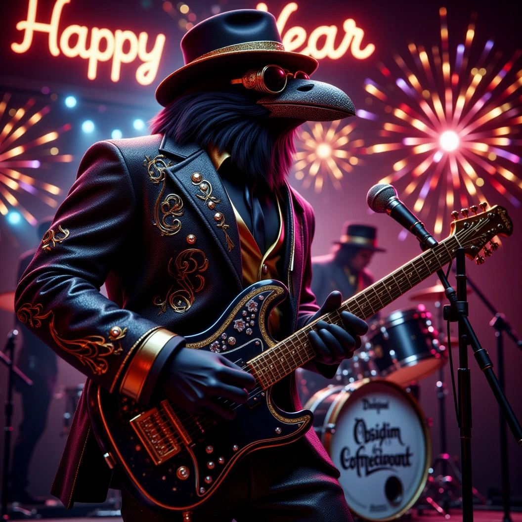 Muscular Anthropomorphic raven donned in intricate black suit with gold trim made of diamonds and a black diamond fedora. Diamonds cover his beak. Wears large sunglasses. Lead singer and electric guitar player of a jazz band at a high end jazz club. Uses a retro style microphone while playing his guitar. Behind the open air stage, fireworks burst. The words "Happy New Year MAB, Live from The Pearl" in a big neon sign. The base drum reads "Obsidian Rhythm Connection". Dynamic jazz band scene, dynamic pose, High Resolution, Masterpiece, Cinematic, Character Design, Hyperdetailed, Cinematography,  cinematic lighting, Depth Of Field, Sparkle, Ray Tracing, Image Fill, Dynamic Pose, old fashion microphone 