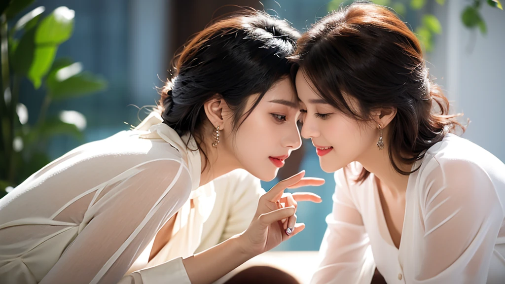 ((best qualtiy,realisticlying,8K HD,tmasterpiece:1.3)),focal:1.5,perfect bodies:1.3,(Short ponytail straight hair,Vertically smooth hair,A detailed:1.3)),((wetclothes:1.1),White high-end brand fashion suit suit:1.3,(detailed outfits:1.3),(delicate stiletto heels crystal band sandals,high high quality:1.2)), Highly Detailed Face and Skin Textur, Fine Eye,二重まぶた,realistic pupil,skin lightening,Beautiful face,Swollen eyes,Healing is a smile,(female focus,Waist focus,close focus,hdr shot,20yr old,Raised breasts,no-bra,the areola is visible,With a petite figure,Slim:1.3,slenderlegs:1.3,beautiful night scene,Luxury office,floor to ceiling window,Long table,Double bed,Cocked buttocks:0.6,Playful and coquettish beautiful pose(full bodyesbian:1.8))