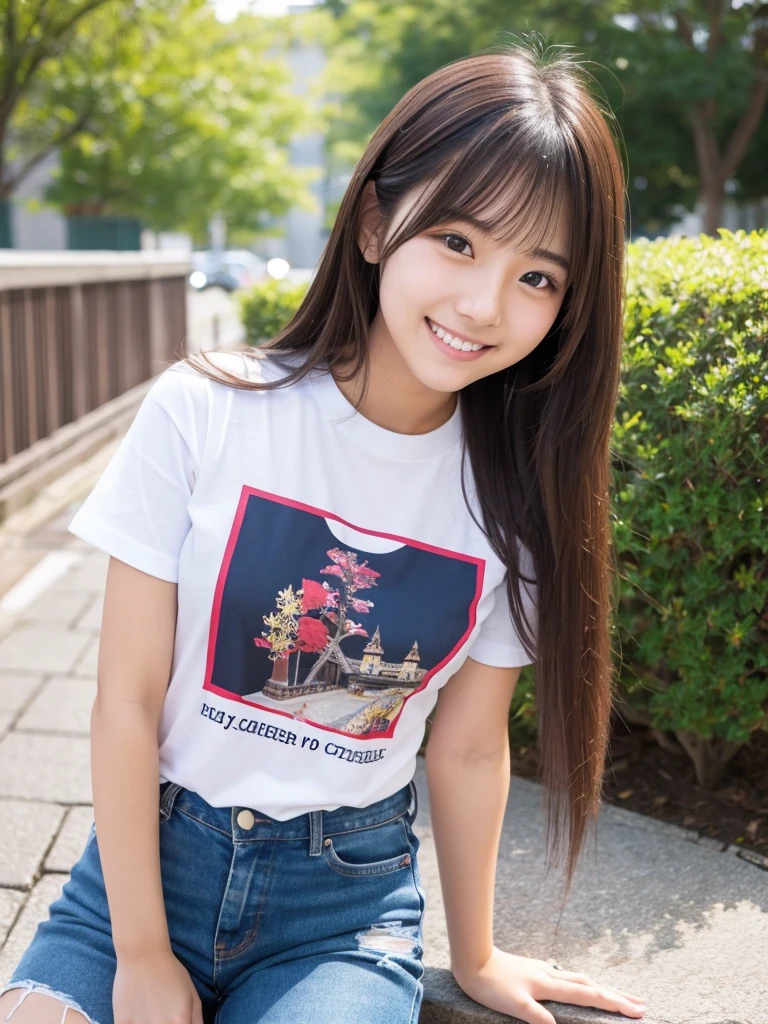 8K,Japanese,10 years old,Innocent face,Teenage Girl,cute,(Denim mini skirt:1.3)、Her skirt is rolled up、Spread your legs、(Black panties with fine embroidery:1.3)、Exposed thighs、her belly button is visible、Good top、(Casual wear),Sitting,Spread your legs、Black Hair,garden,Hair Clip,smile