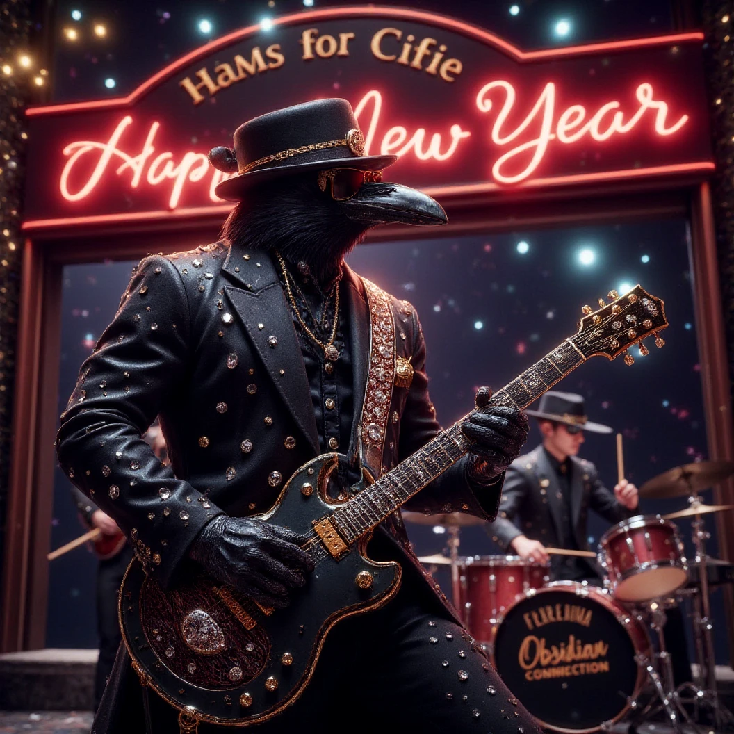 Muscular Anthropomorphic raven donned in intricate black suit with gold trim made of diamonds and a black diamond fedora. Diamonds cover his beak. Wears large sunglasses. Lead singer and electric guitar player of a jazz band at a high end jazz club. Uses a retro style microphone while playing his guitar. Behind the open air stage, fireworks burst. The words "Happy New Year MAB, Live from The Pearl" in a big neon sign. The base drum reads "Obsidian Rhythm Connection". Dynamic jazz band scene, dynamic pose, High Resolution, Masterpiece, Cinematic, Character Design, Hyperdetailed, Cinematography,  cinematic lighting, Depth Of Field, Sparkle, Ray Tracing, Image Fill, Dynamic Pose, old fashion microphone 