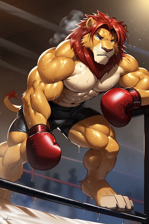 ((solo)), (anthro:1.2) lion (lora; simba), adult, (athletic:1.4), (dense muscles), (super strong:1.4), (correct anatomy:1.2), (broad shoulders:1.2), (heavy build, massive body:1.6), (realistic fur, detailed fur texture:1.3), detailed background (corner of the boxing ring:1.6), photorealistic, (black compression shorts), (bare torso:1.4), (barefoot:1.2), (detailed clothing), hyperrealistic, ultradetailed, (by wfa:1.2), (by takemoto_arashi, by vorusuarts, by Traver009:1, by grimfaust:1), natural lighting, (wet. sweat:1.4), exhausted, feline head (open eyes, red mane), (steaming breath:1.2), ((serious:1.4) expression), (leaning over post:1.6), (view from below:1.4)