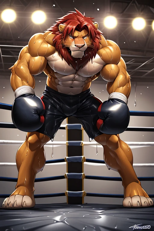 ((solo)), (anthro:1.2) lion (lora; simba), adult, (athletic:1.4), (dense muscles), (super strong:1.4), (correct anatomy:1.2), (broad shoulders:1.2), (heavy build, massive body:1.6), (realistic fur, detailed fur texture:1.3), detailed background (corner of the boxing ring:1.6), photorealistic, (black compression shorts), (bare torso:1.4), (barefoot:1.2), (detailed clothing), hyperrealistic, ultradetailed, (by wfa:1.2), (by takemoto_arashi, by vorusuarts, by Traver009:1, by grimfaust:1), natural lighting, (wet. sweat:1.4), exhausted, feline head (open eyes, red mane), (steaming breath:1.2), ((serious:1.4) expression), (leaning over post:1.6), (view from below:1.4)