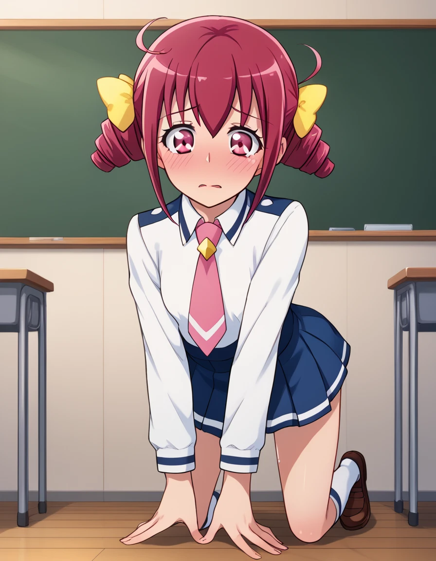 score_9,  Source_Anime, rating_SAFETY BREAK 1GIRL , solo
hoshizora miyuki ,  pink hair,  twin drill, pink eye,  Izugaoka Junior High School Uniforms ,  Pink Necktie 、(classroom)、blush、 cowboy shot、 on all fours 、 white panties 、 masturbation