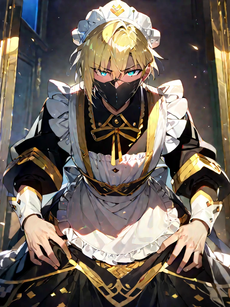 1boy, male focus, short blonde hair, black face mask with golden trim on the sides, maid, maid cap, maid apron, facing viewer, masterpiece, fine details, breathtaking artwork, high quality, 8k, high resolution, artist(ReDrop)