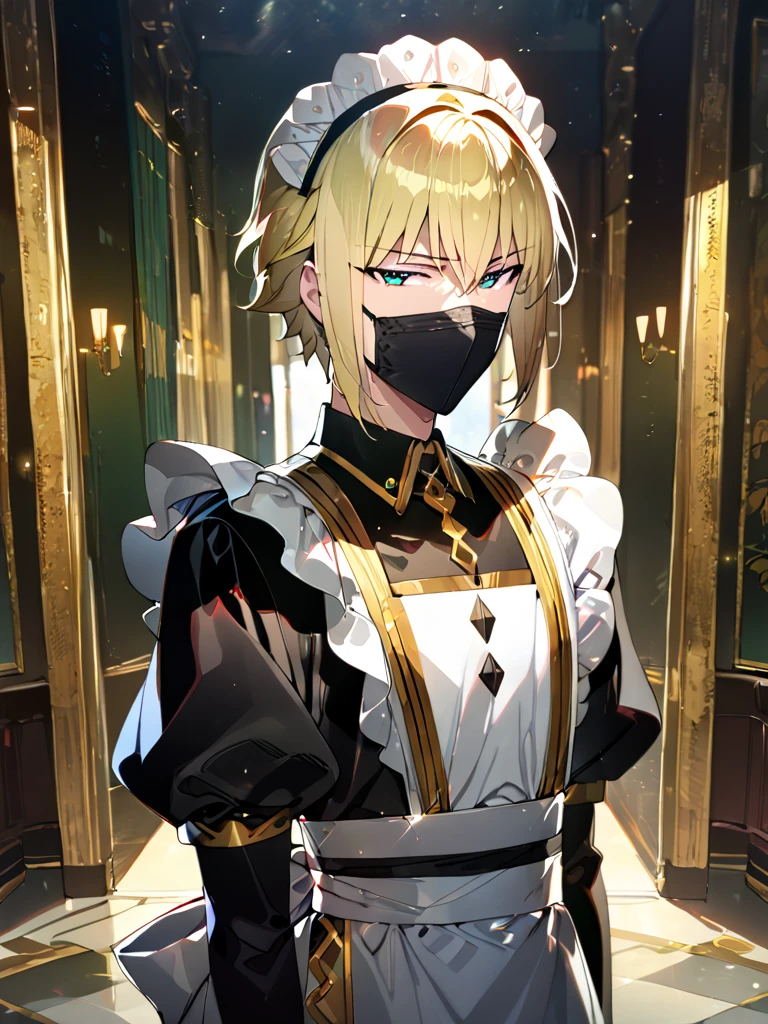 1boy, male focus, short blonde hair, black face mask with golden trim on the sides, maid, maid cap, maid apron, facing viewer, masterpiece, fine details, breathtaking artwork, high quality, 8k, high resolution, artist(ReDrop)