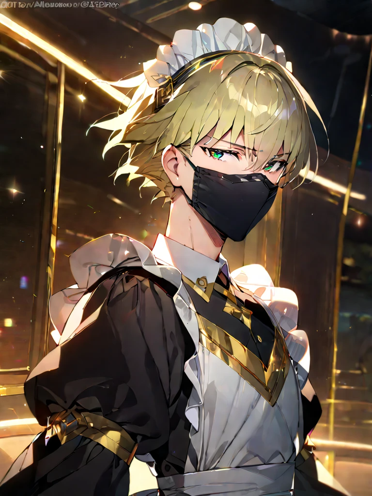 1boy, male focus, short blonde hair, black face mask with golden trim on the sides, maid, maid cap, maid apron, facing viewer, masterpiece, fine details, breathtaking artwork, high quality, 8k, high resolution, artist(ReDrop)