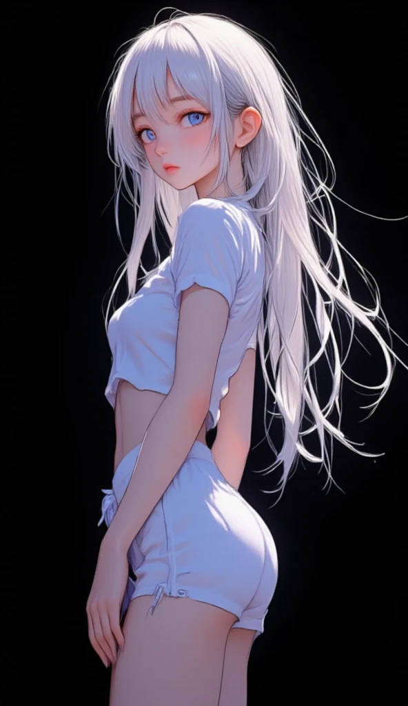 
> A full-body portrait of a young Korean woman with an otherworldly appearance, standing against a solid black background. Her long, cascading white hair flows gracefully down to her feet, shimmering with a subtle iridescent glow, as if illuminated by an unseen light source. The hair appears weightless, gently swaying as though caught in a soft, invisible breeze. Her facial features are delicate and refined, with a pale, flawless complexion that contrasts strikingly with her glowing lilac eyes, which radiate a soft, incandescent light, drawing the viewer into their mysterious depths.  

> She has a slender and athletic build, with medium-sized, slightly pointed breasts that add a natural curve to her figure. Her long, toned legs are graceful and slim, giving her a statuesque appearance. She is dressed in a slightly provocative yet sporty school gym uniform: a snug white t-shirt with short sleeves that clings lightly to her torso, damp with sweat, revealing hints of exertion. The matching shorts are short and form-fitting, emphasizing her curves and athletic form. Her white sneakers are sleek and sporty, paired with white ankle socks, completing the gym attire.  

> Her skin glistens with a light sheen of sweat, particularly noticeable on her forehead, neck, and arms, capturing the realism of physical effort. Her expression reflects exhaustion, with slightly flushed cheeks and strands of hair sticking to her skin due to sweat. Subtle details such as beads of sweat rolling down her temples and her slightly open mouth as she catches her breath enhance the sense of realism.  

> The background is pure black.

Estilo anime 32k, HDR,  UHD. 