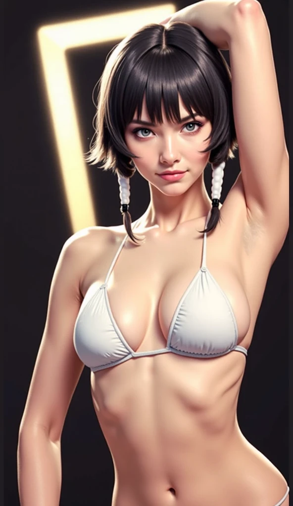 (8K high quality), big eyes, long eyelashes, milky white skin, high detail skin, realistic skin details, visible pores, (2 pony-tails hair), only one girl, beautifully detailed nose, highly detailed skin, ((18-year-old girl style)), ((wearing only micro bikini)), ((dark background)), ((happily smiling)), ((sexy white bikini)), (body hair), (arm hair), (thigh hair), bare shoulders, (micro bikini), (cameltoe), (protruding pubic bone)