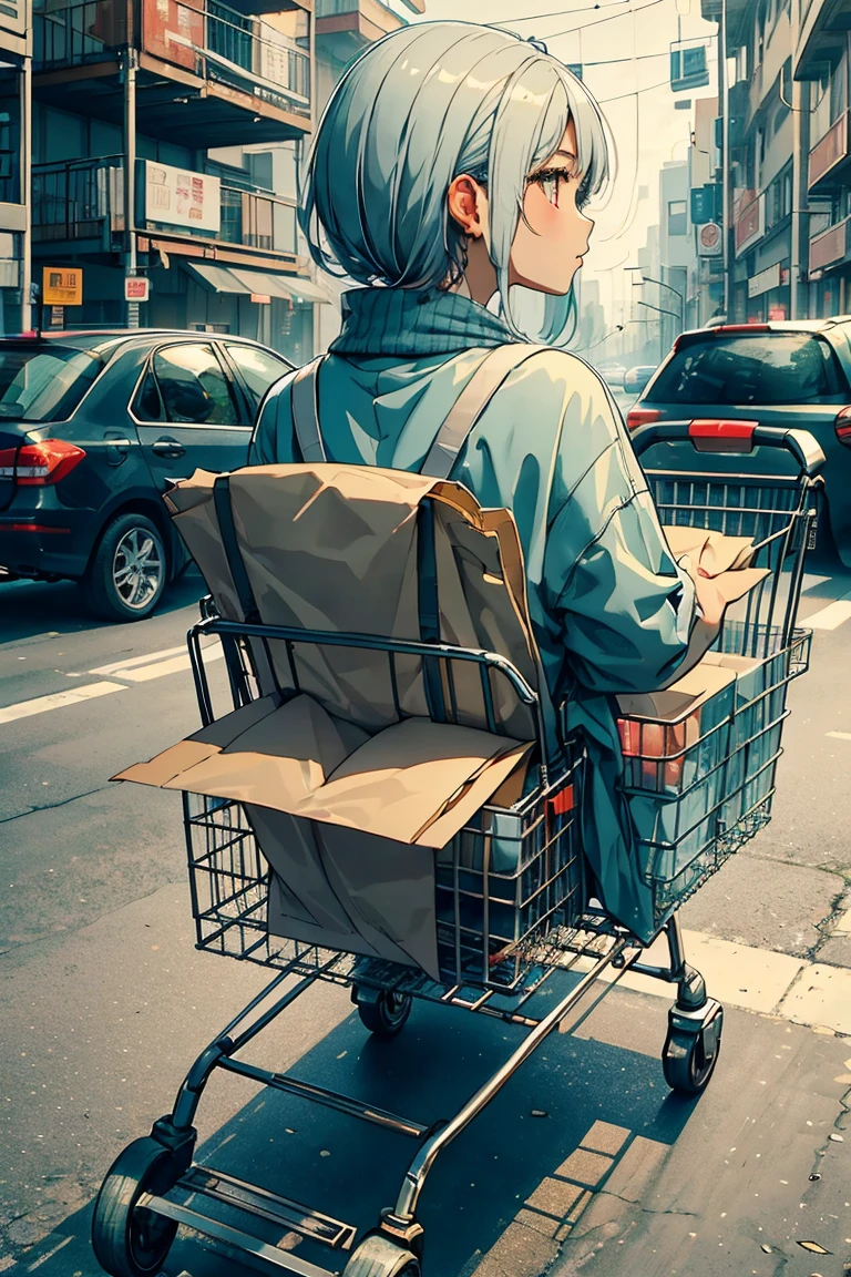 A full-sized metallic shopping cart, large enough to fit a human body, contains a woman seated inside. Her posture is carefully composed: her back rests against the rear of the cart, one leg folded within the cart’s structure, and the other extending slightly over the edge. The cold, industrial texture of the cart contrasts with the natural softness of her form. The setting is minimalist, with a neutral background and soft, even lighting, highlighting the juxtaposition between the human figure and the cart as a symbol of commodification