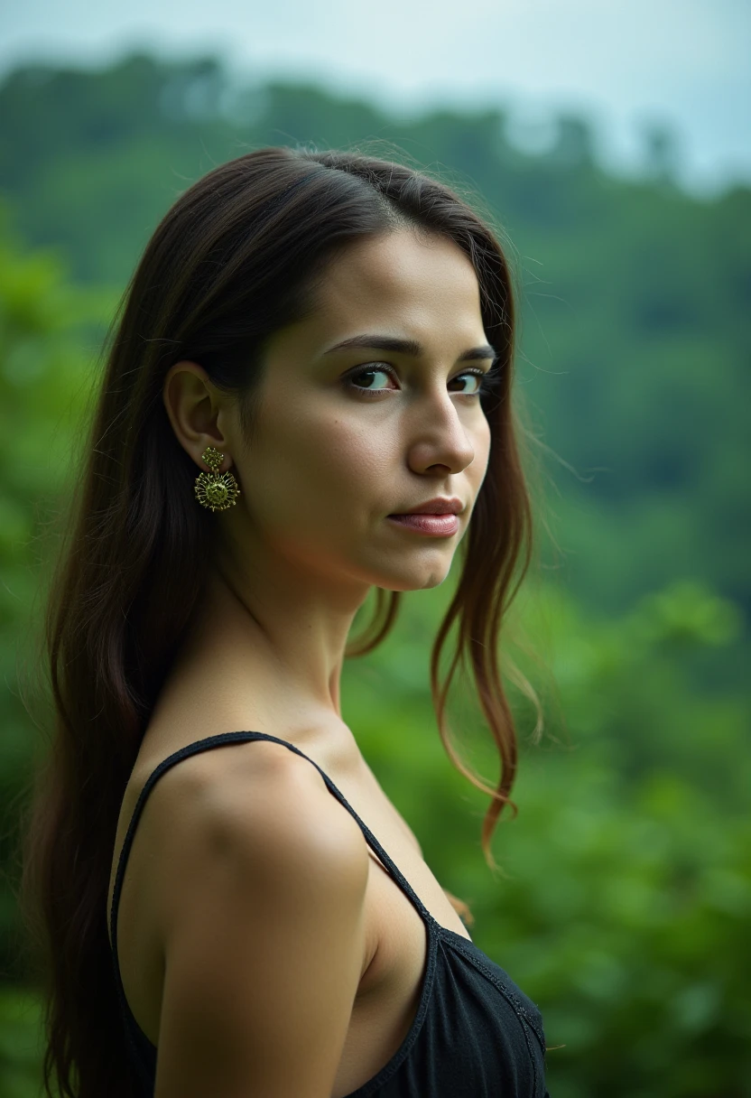 breathtaking cinematic film still a photo of a tits sexy woman, in a green valley, wearing ear thread earrings, . shallow depth of field, vignette, highly detailed, high budget, bokeh, cinemascope, moody, epic, gorgeous, film grain, grainy . award-winning, professional, highly detailed,