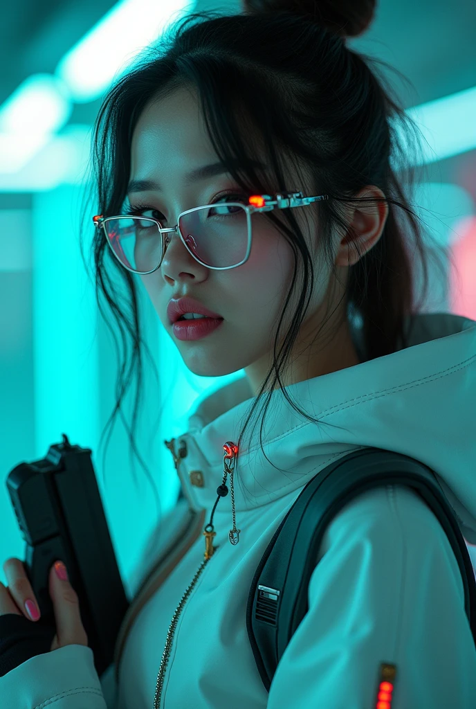 a beautiful young Caucasian woman is wearing metal for the futurist, cyberpunk, futuristic technology, and girls holding weapons in dazzling colors, wearing science fiction glasses, in the style of yuumei, light turquoise and light silver, waist shot, 8k resolution, joong keun lee, tanya shatseva, light arcade neon colours 