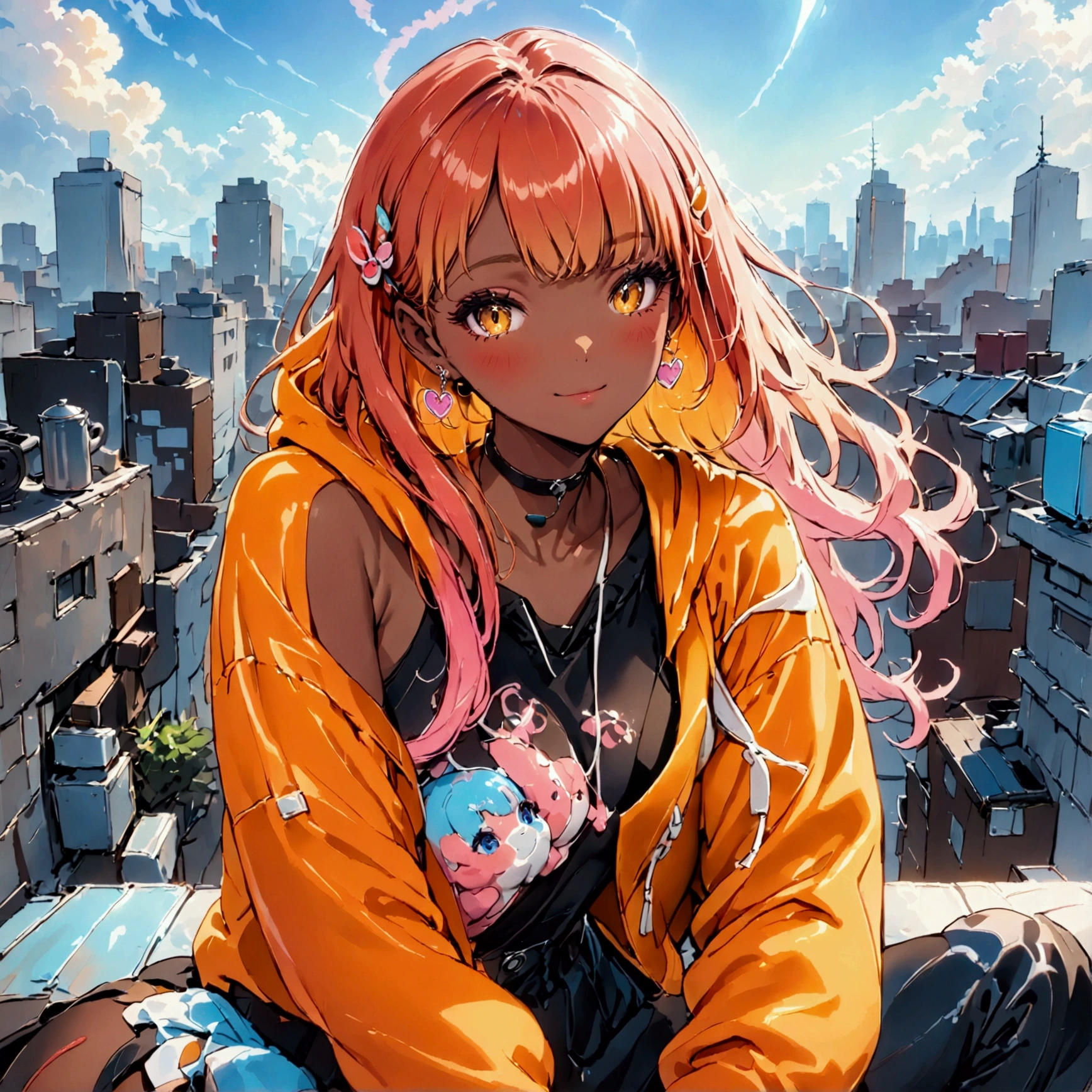 Neon orange hair, yellow eyes, tanned skin, Harajuku hoodie, sitting on rooftopHigh Resolution, Masterpiece, Anatomically Correct, (medium tone skin), Long Hair, caramel toned skin, Parted Bangs, Curly Hair, Earrings, Neon orange curly hair, Closed Mouth, Smile, Blue eyes, Yellow Eyes, tanned skin, Out Of Frame, tanned skin, neon filter, pink colorblock hoodie, (caramel toned skin:1.5), Parted Bangs, Neon orange hair, tanned skin, medium tone skin