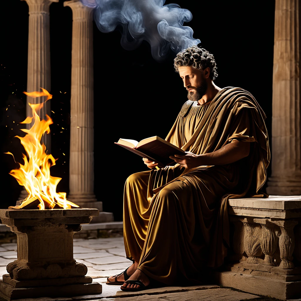 The Roman emperor Marcus Aurelius reading a book outside a Greek temple with fire and smoke behind him on a black background