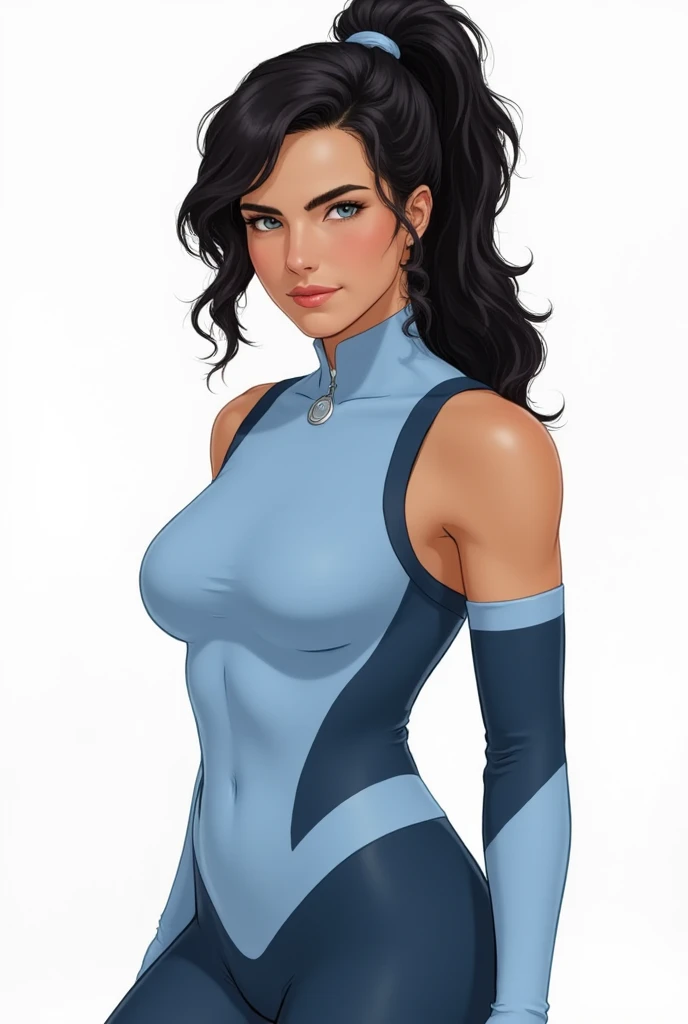 ((photo by full body))portrait of ana paula arosio, cosplay korra -avatar, latex, neutral background, white background, big hair, voluminous hair


