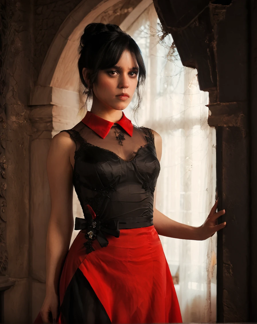 a beautiful picture of w3dn3sday, masterpiece, photorealistic, woman, detailed, backlighting, light, RAW color photo,(fully in frame:1.1), detailed skin texture, (blush:0.5), (goosebumps:0.5),wearing a red dress, black hair, 