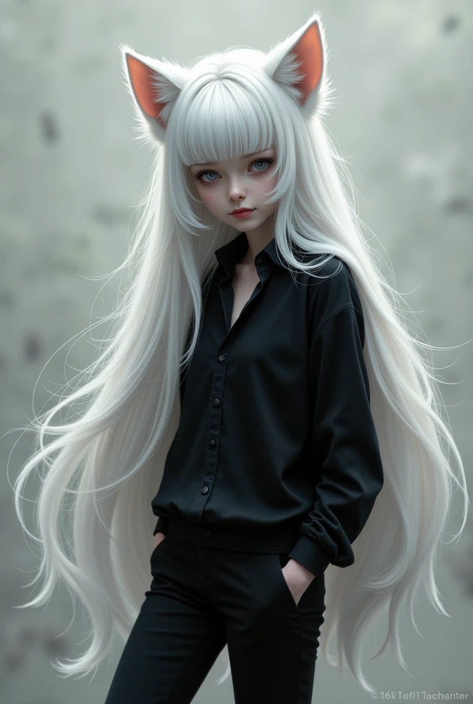 long white hair, black shirt, thin black pants, cat ears